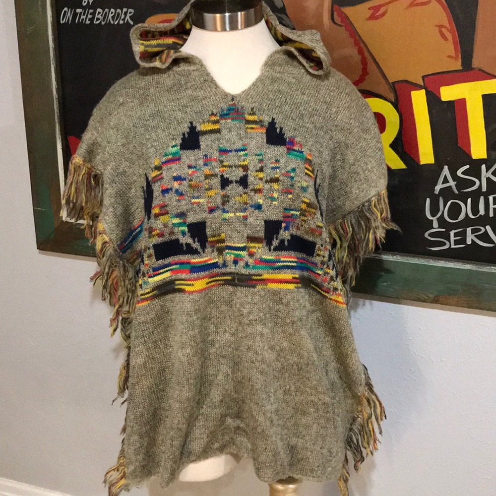 Freeway Colorful Knit Fringe Boho Hooded Poncho